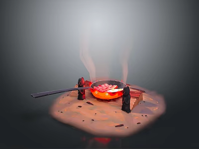 Traditional Long Handled Pan For Outdoor Cooking With Flame Firewood And Meat Pieces 3d model