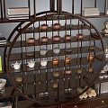 Traditional Chinese Wooden Console Side Cabinet With Tea Sets Books Decorations Hanging Scroll And Lamp