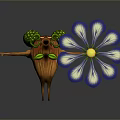Cartoon Game Movie Character With Green Ear Like Features Glasses Mustache And Blue White Flower