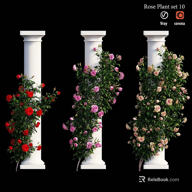 Garden Ornaments With White Pillars And Climbing Red Pink Beige Roses 3d model 