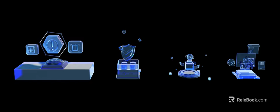 Blue Transparent Decorative Trophies On Black Background With Small Cubes And Spheres 3d model 