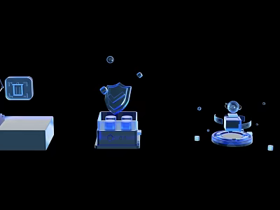 Blue Transparent Decorative Trophies On Black Background With Small Cubes And Spheres 3d model