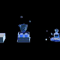 Blue Transparent Decorative Trophies On Black Background With Small Cubes And Spheres