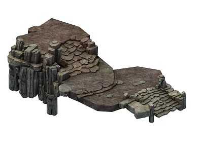 Stone and Wood Platform with Paved Steps and Natural Rock Features 3d model