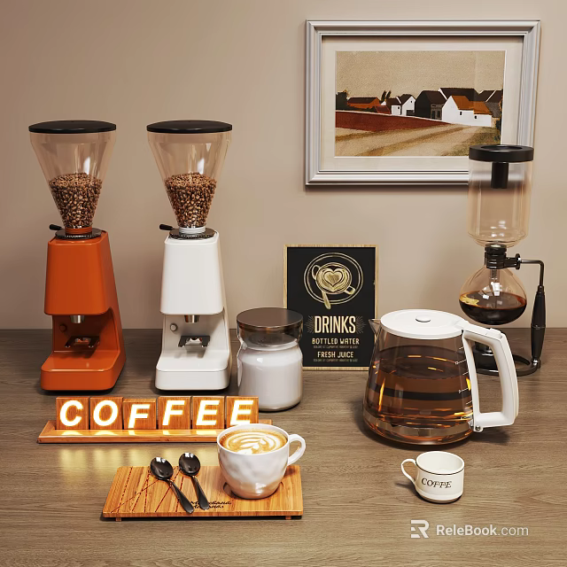 Stylish Coffee Kitchen Appliances With Grinders Maker Beans And Latte Art 3d model 