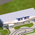 Modern Sales Office Building With Glass Curtain Walls And Geometric Roof Design
