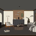 Modern Elegant Living Room Interior With Beige Sofa Round Coffee Table Fireplace And Plant