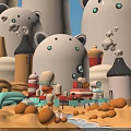 Cute White Bear Kids Toy Figurines With Small Houses Cakes Carrots And Blue Sky