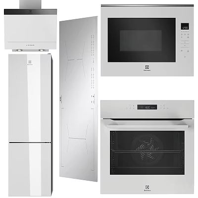 White Modern Kitchen Appliances Collection Featuring Refrigerator Microwave Oven And Sleek Design 3d model
