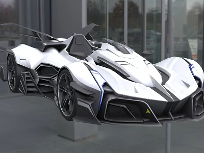 Futuristic White Floating Sports Car With Sleek Body Open Cockpit And Blue Lighting 3d model