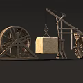 Ancient Industrial Equipment Featuring Wooden Pulley Wheels and Stone Block Lifting Mechanism
