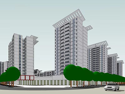 Modern High Rise Residential Buildings With Green Trees And Road View 3d model