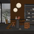 Modern Dining Table Set With Round Top Black Base Chairs Pendant Lights And Green Plant