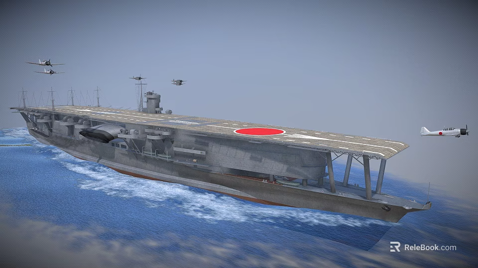 Gray Military Aircraft Carrier with Red Emblem on Flight Deck Sailing on Blue Sea Surface 3d model 