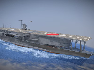 Gray Military Aircraft Carrier with Red Emblem on Flight Deck Sailing on Blue Sea Surface 3d model