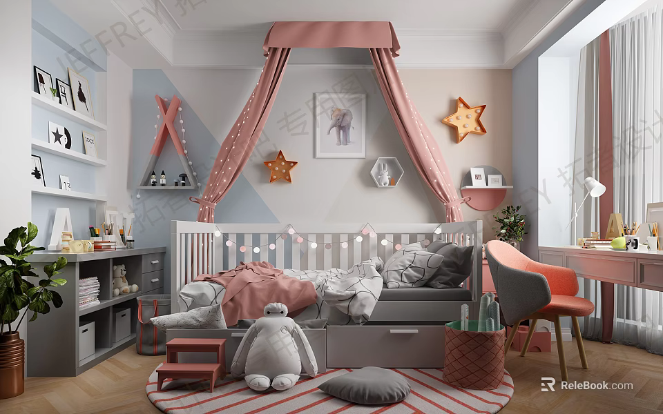 Cute Kids Room Interior With Pink Canopy Star Decor Gray Plush Toy And Striped Rug 3d model 