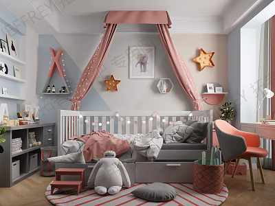 Cute Kids Room Interior With Pink Canopy Star Decor Gray Plush Toy And Striped Rug 3d model