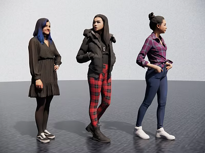 Three Women Posing In Different Fashion Styles With Dresses Plaid Pants Jeans Boots And Sneakers 3d model