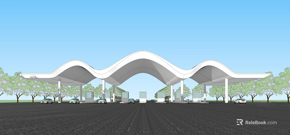 Modern Wave Shaped Roof Architectural Structure With Vehicle Lanes And Trees 3d model 