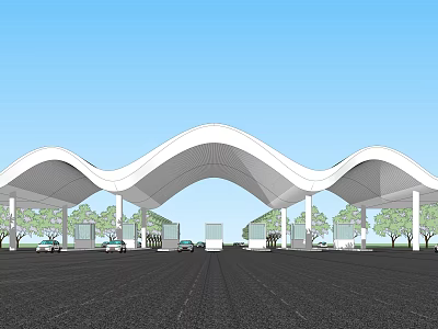 Modern Wave Shaped Roof Architectural Structure With Vehicle Lanes And Trees 3d model