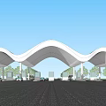 Modern Wave Shaped Roof Architectural Structure With Vehicle Lanes And Trees