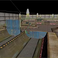 Indoor Skate Park With Multiple Ramps Blue Wooden Structures Gray Floor Red Signs And Ceiling Lights