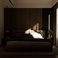 Modern Bedroom Interior With Wooden Panel Wall Comfortable Bed Nightstand And Curtains
