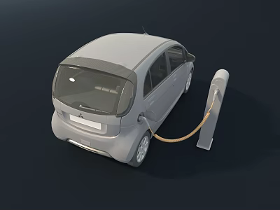 Grey electric car being charged at charging station with yellow cable 3d model