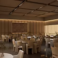 Elegant Banquet Hall Interior With Round Tables White Chairs And Ceiling Lighting