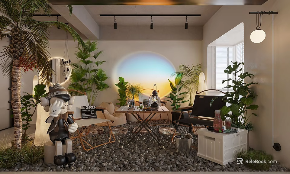 Cozy Leisure Area With Lush Green Plants Pebble Floor And Sunset Light Decor 3d model 