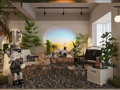 Cozy Leisure Area With Lush Green Plants Pebble Floor And Sunset Light Decor 3d model