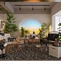 Cozy Leisure Area With Lush Green Plants Pebble Floor And Sunset Light Decor
