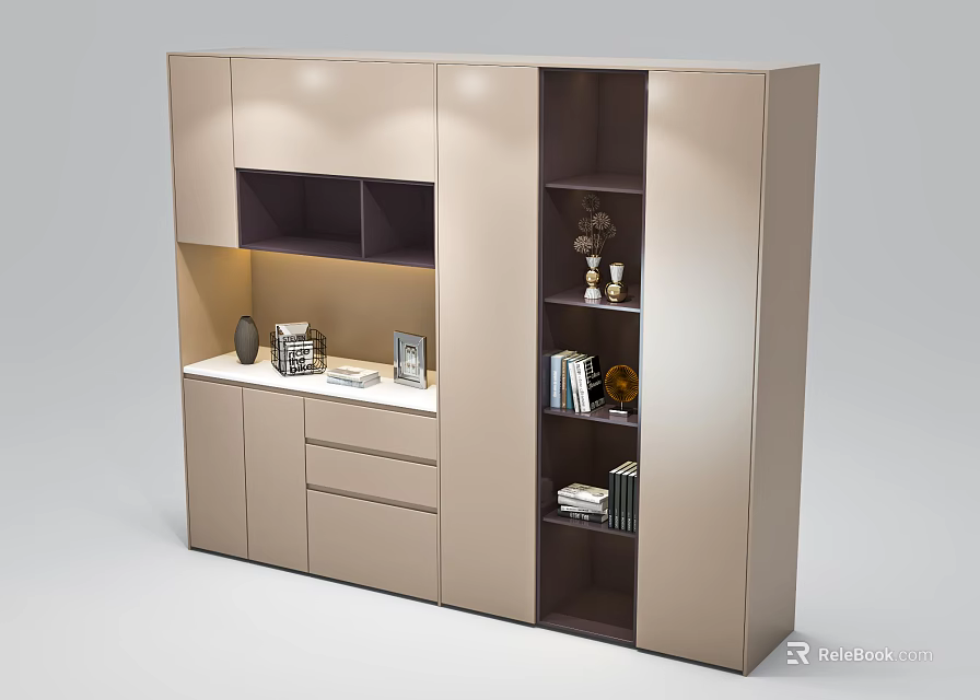 Modern Storage Cabinet with Beige Dark Brown Shelves Drawers For Decorative Items Books Photo Frame 3d model 