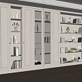 Built in Walnut Bookshelf with Multiple Shelves Books Decorative Trophies and Potted Plant
