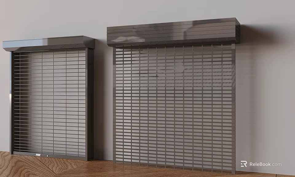 Black Roller Shutters Installed On Light Colored Wall With Wooden Floor 3d model 