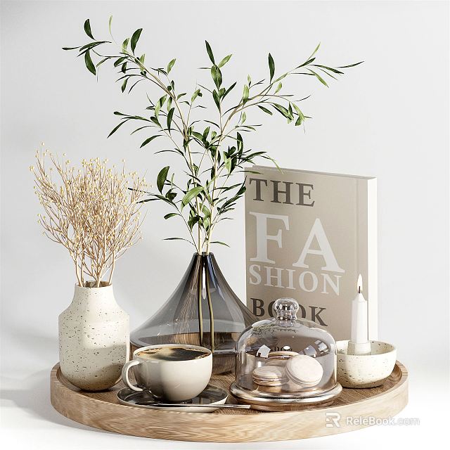 Decorative Ornament Set Including Vase Green Plant Book Candle Cup Glass Dome And Tray 3d model 
