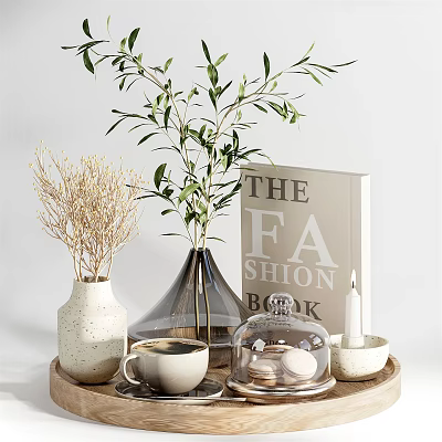 Decorative Ornament Set Including Vase Green Plant Book Candle Cup Glass Dome And Tray 3d model