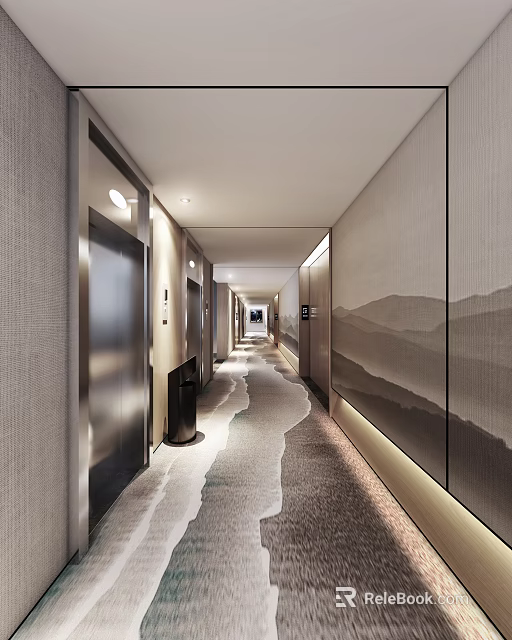 Modern Elevator Corridor With Metal Doors Mountain Pattern Textured Carpet And Recessed Lighting 3d model