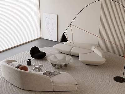 Modern Curved Sofa And Transparent Coffee Table Set With Round Rug Arched Lamp And Artwork 3d model