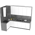 Modern Kitchen Cabinets L Shaped White And Gray With Dark Countertop Sink And Stove