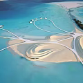 Scenic Island Landscape With Blue Sea White Sand Curved Buildings And Pathways