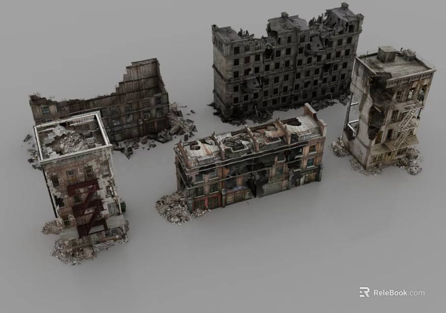 Ruined Building Components In Urban Ruins Featuring Collapsed Walls And Broken Concrete Structures 3d model 