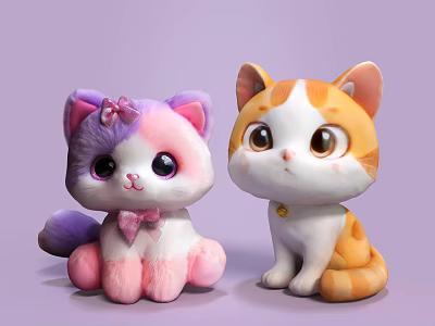 Cute Plush Cat Dolls With Purple Pink Bow And Orange White Bell Design 3d model