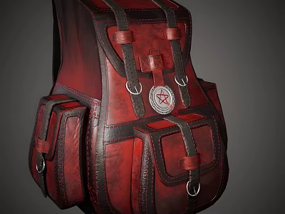 Red Leather Backpack With Multiple Pockets Straps And Star Emblem Detail 3d model