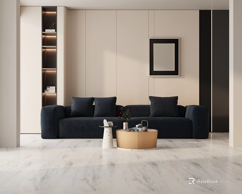 Dark Blue Three Seater Sofa In Modern Living Room With Coffee Table And Decorative Items 3d model