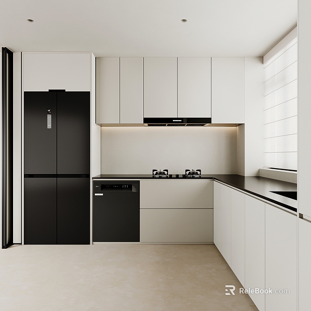 Modern Kitchen Interior With White Cabinets Black Appliances Range Hood And Cooktop 3d model 