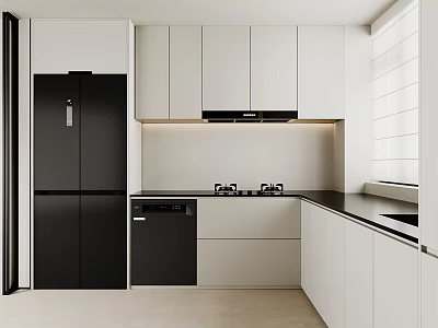 Modern Kitchen Interior With White Cabinets Black Appliances Range Hood And Cooktop 3d model