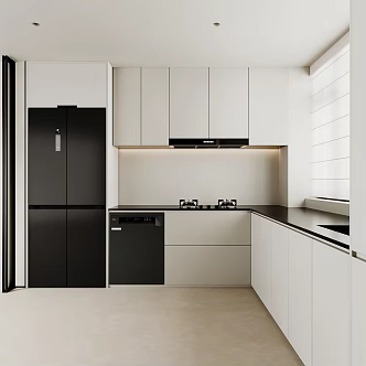 Cream style open kitchen cabinet refrigerator 3d model