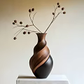 Decorative Ornament Set with Wooden Black Twisted Vase and Branches with Berries