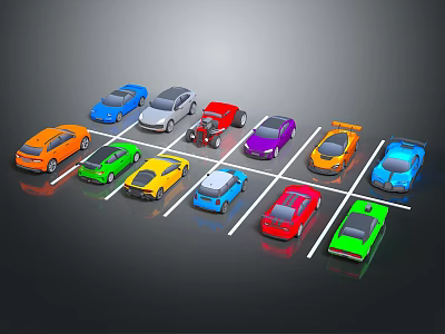 Various Colored Cars Parked in Parking Lot with White Lines 3d model